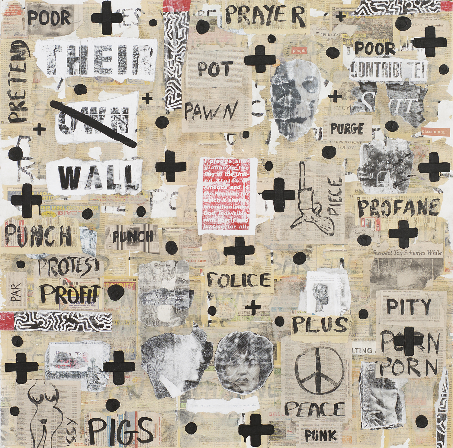 SOME OF THE P WORDS, 2018 | Paper collage and acrylic paint on wood | 44” x 44"